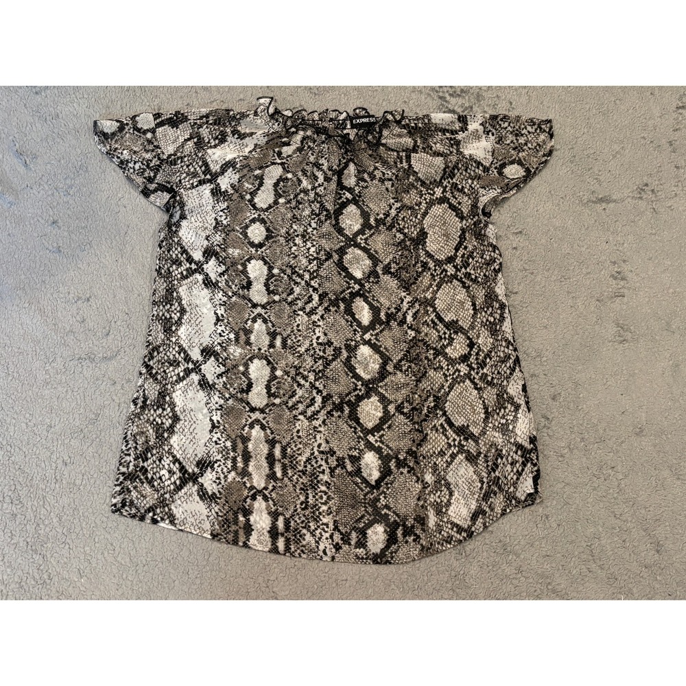 Express Womens Snakeskin Print Ruffle Neck Blouse Gray Black Small Cap Sleeve